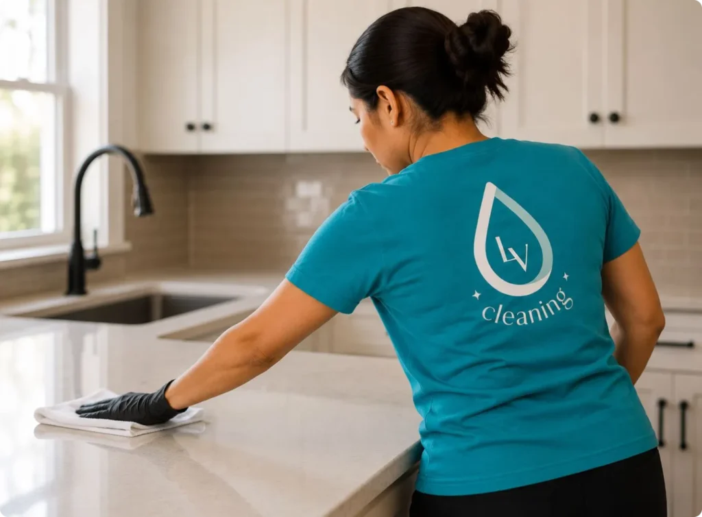 An L&V Cleaning professional thoroughly wiping a modern kitchen island, showcasing expert residential deep cleaning services.